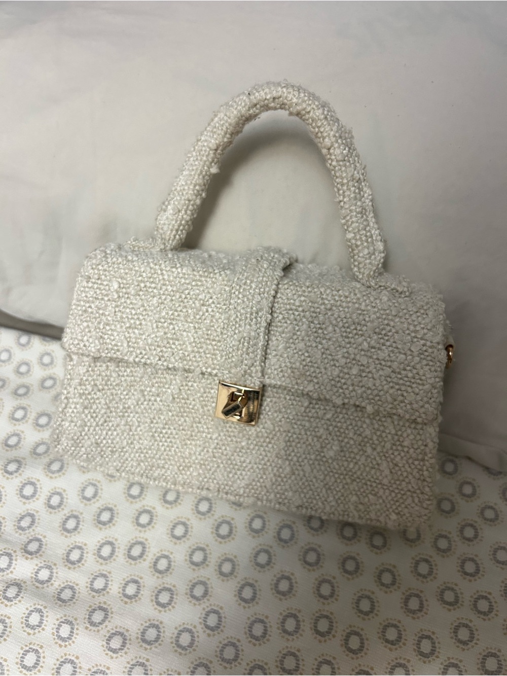 H&M Cream Bouclé Top-Handle Satchel with Gold Hardware